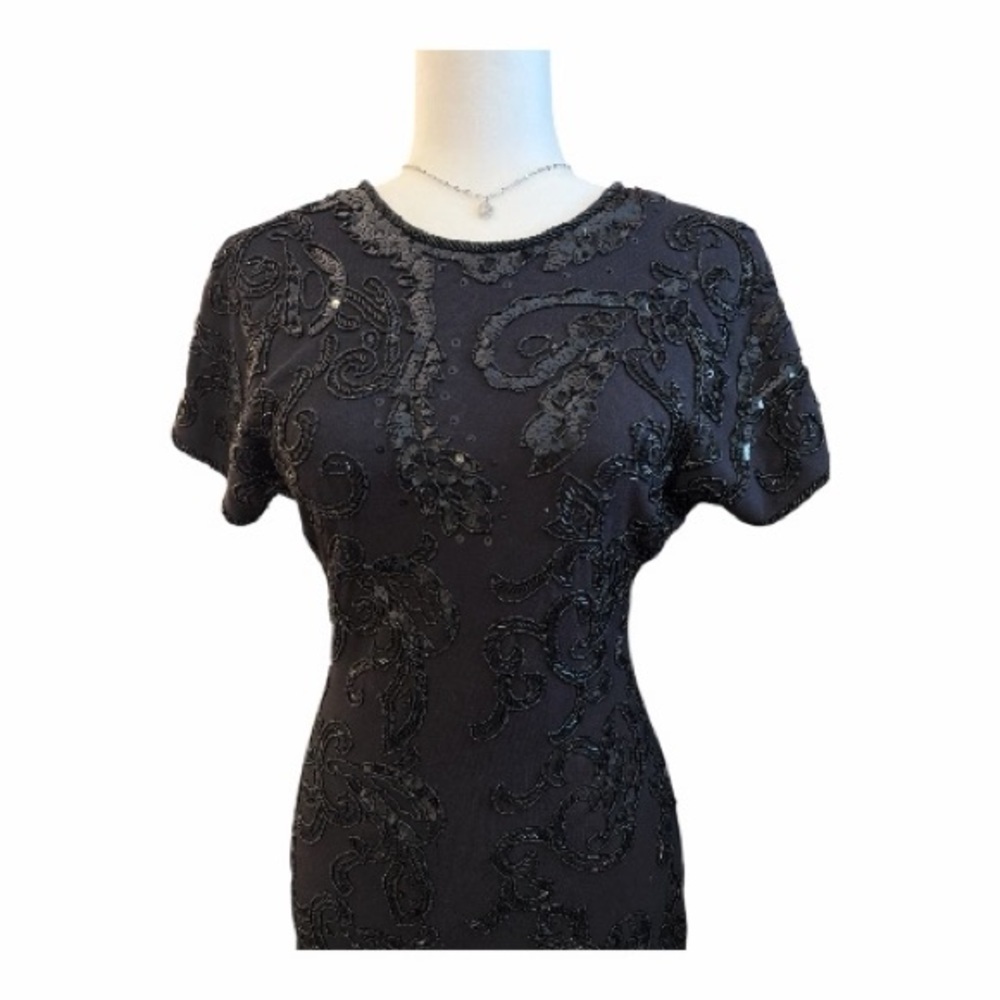 Carmen Marc Valvo Old Hollywood Black Beaded Dress Glam Evening M AG1 - Picture 3 of 8